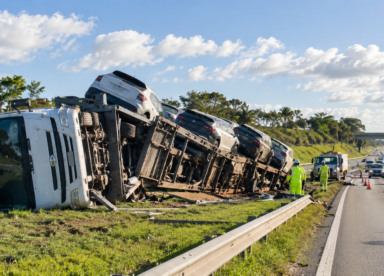 Carreta com 11 veículos tomba na BR-101 e prejuízo da carga pode superar R$ 1,5 milhão